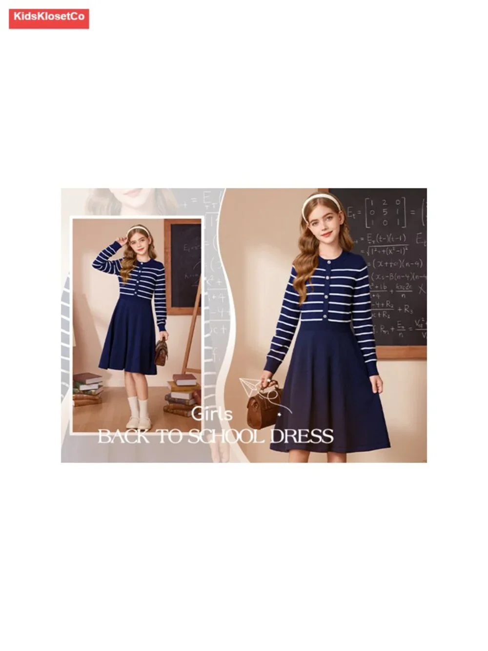 Girls Sweater Dress Long Sleeve Crew Neck Floral Stripe Knit A-Line School Party